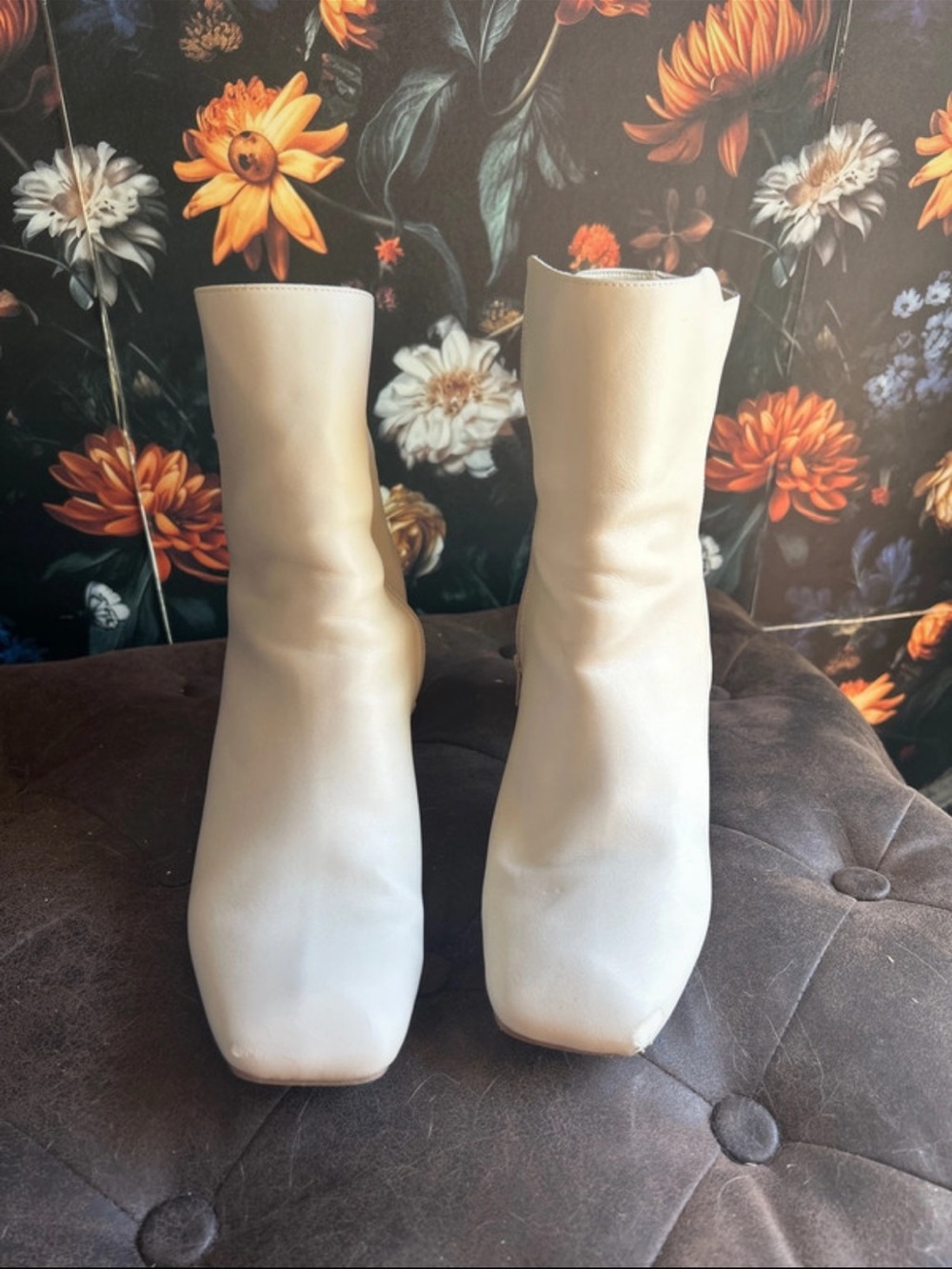 Cream Square-Toe Mid-Calf Booties